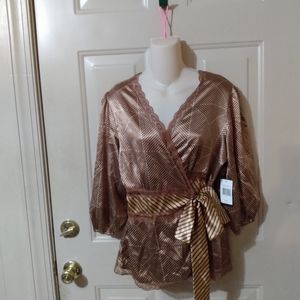 Silky wrap blouse brown cream